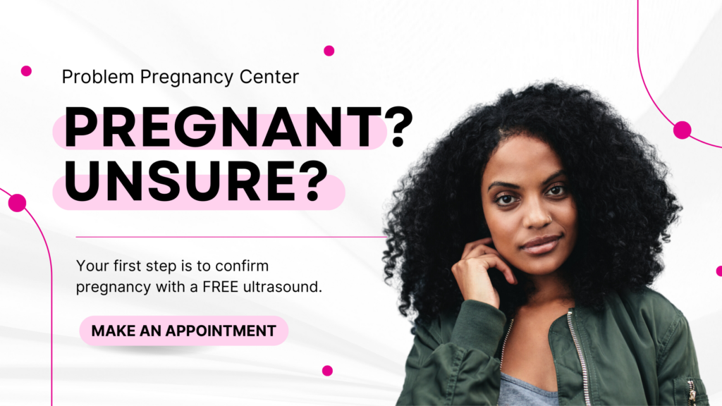 Image showing a portrait of a beautiful, young black woman. Text reads: 'Pregnant? Unsure? Your first step is to confirm pregnancy with a free ultrasound' for women seeking an abortion clinic on 8 Mile.