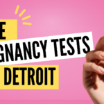 Image of woman holding a pregnancy test in her hand with bold text on the left hand side that reads, "free pregnancy tests in Detroit". This image is the header image for Problem Pregnancy Center's blog article, Free Pregnancy Tests in Detroit.