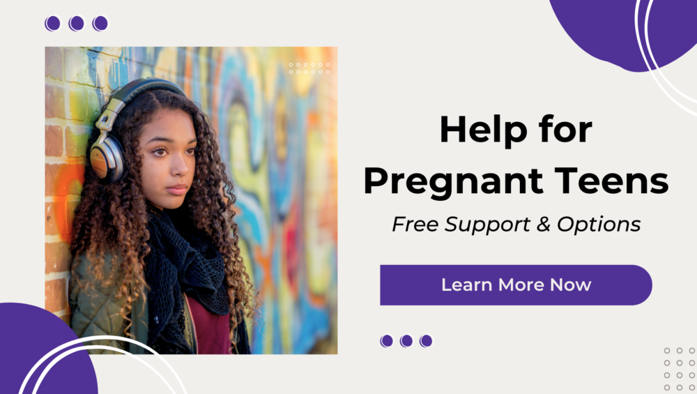 A teenage girl with curly hair wearing large headphones stands pensively against a graffiti-covered wall. The text on the right reads "Help for Pregnant Teens: Free Support & Options" with a "Learn More Now" button below.