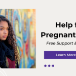 A teenage girl with curly hair wearing large headphones stands pensively against a graffiti-covered wall. The text on the right reads "Help for Pregnant Teens: Free Support & Options" with a "Learn More Now" button below.