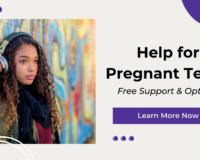 A teenage girl with curly hair wearing large headphones stands pensively against a graffiti-covered wall. The text on the right reads "Help for Pregnant Teens: Free Support & Options" with a "Learn More Now" button below.