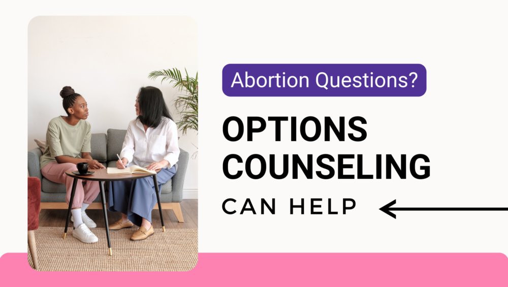 Two women seated in a counseling session, discussing options in a supportive and judgment-free environment, promoting Problem Pregnancy Center's free options counseling for abortion-related questions.