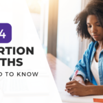 A woman in a blue shirt writes in a notebook while seated at a desk, with the text "4 Abortion Myths You Need to Know" overlayed on the graphic.