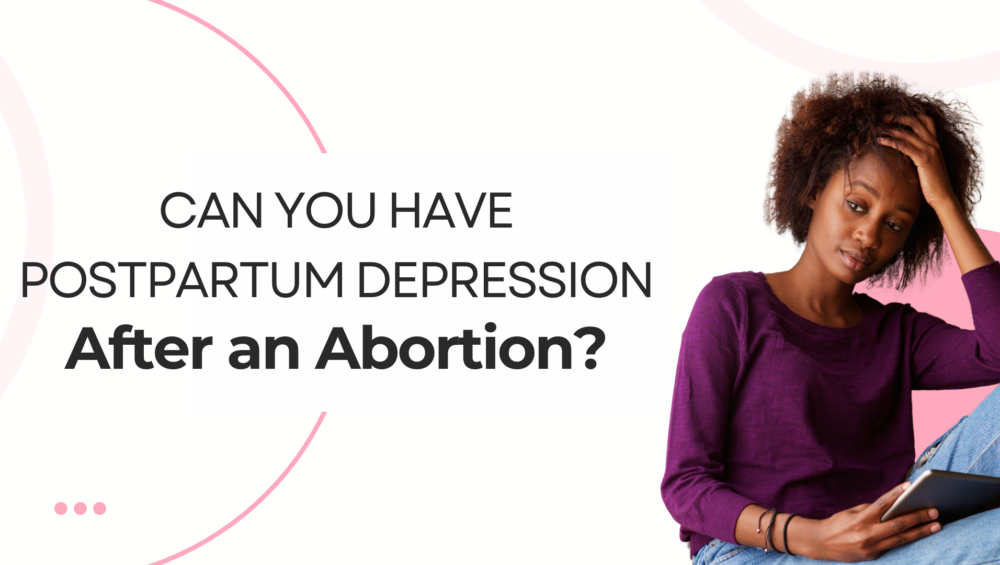 Concerned woman holding a tablet, appearing deep in thought. Text on image asks, 'Can You Have Postpartum Depression After an Abortion?' Discussing emotional effects of abortion in Southfield and Detroit, and available free pregnancy tests and ultrasounds.